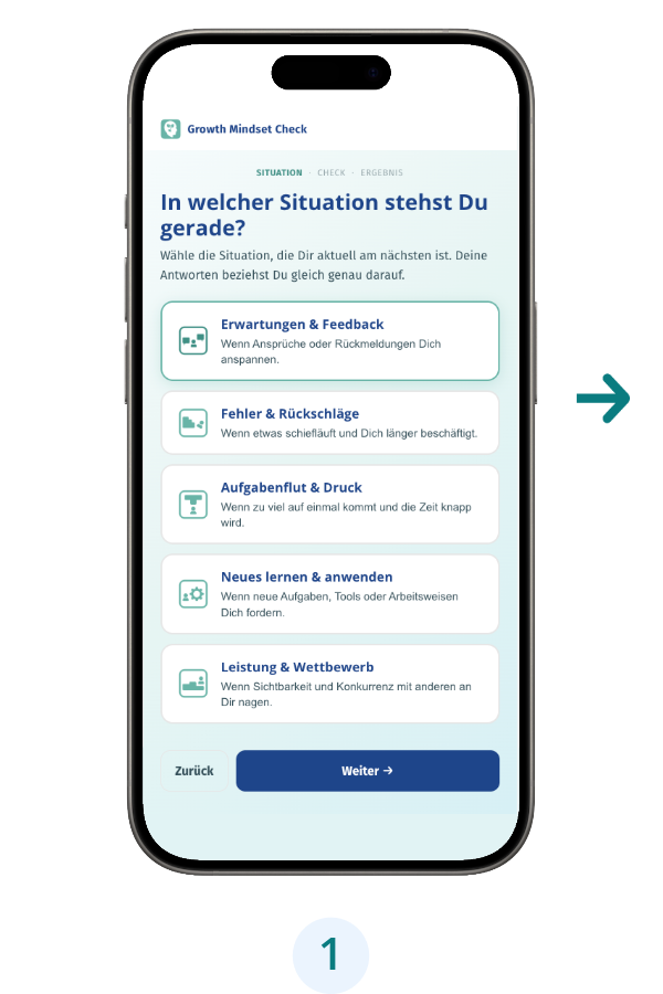 App-Screen: eine konkrete Arbeitssituation auswählen.