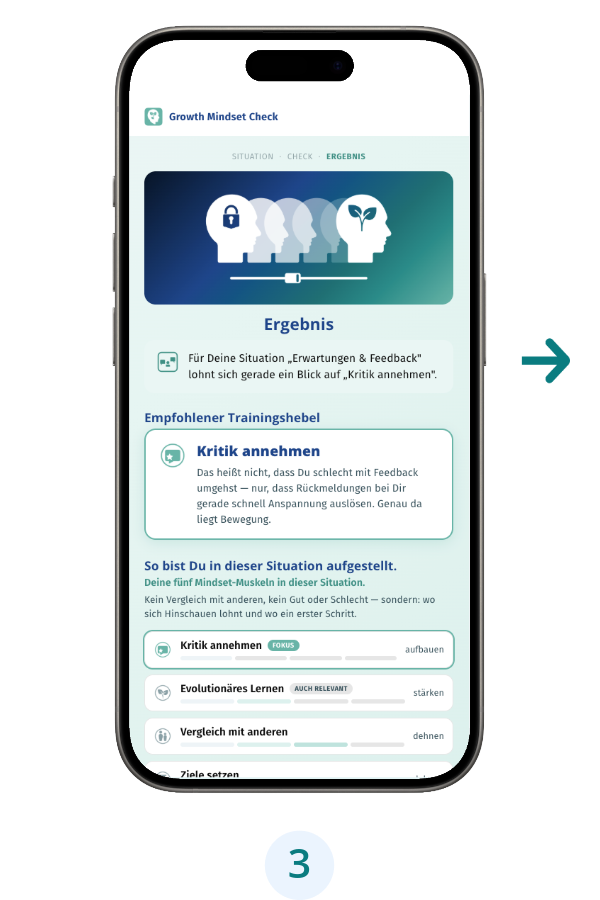 App-Screen: Ergebnis mit aktivem Mindset-Muskel.